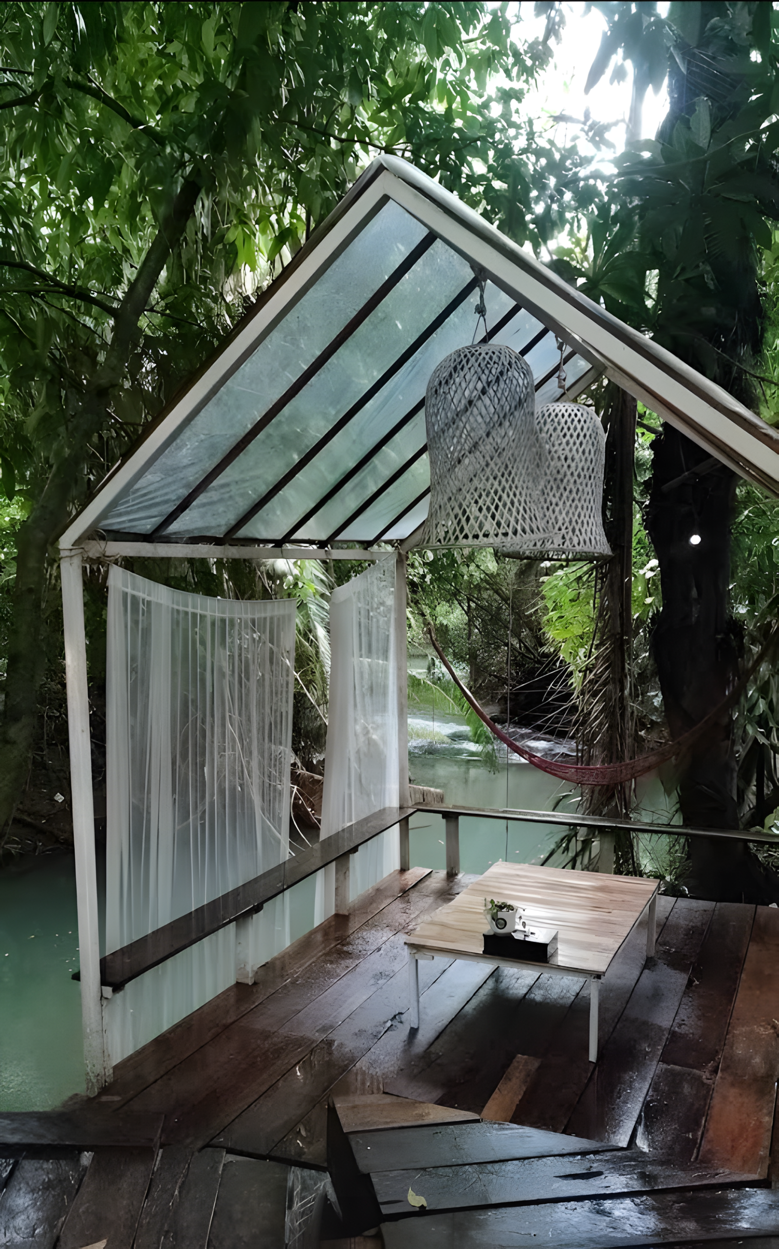 Riverside gazebo seating area surrounded by jungle