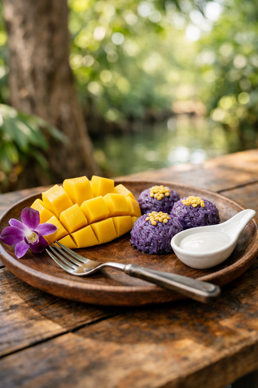 Colorful drinks and desserts on a wooden table in the treehouse
